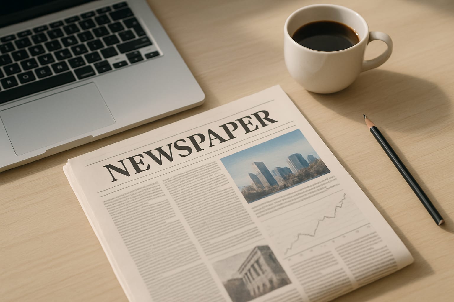 A printed newspaper laid out on a desk beside a laptop