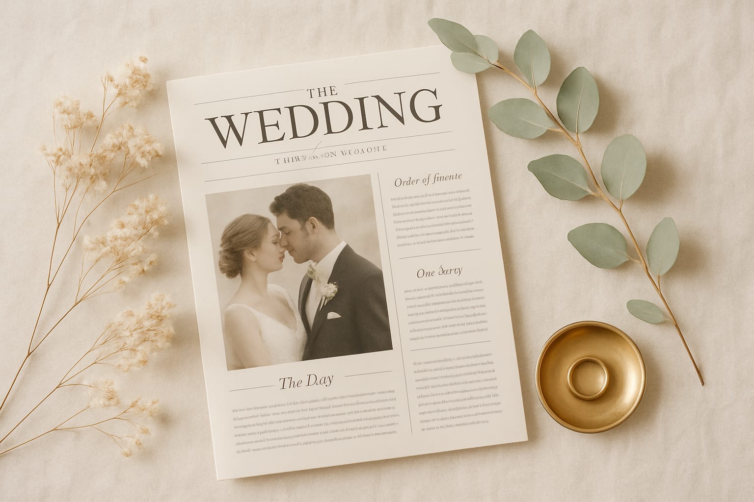 An elegant wedding newspaper program styled with flowers