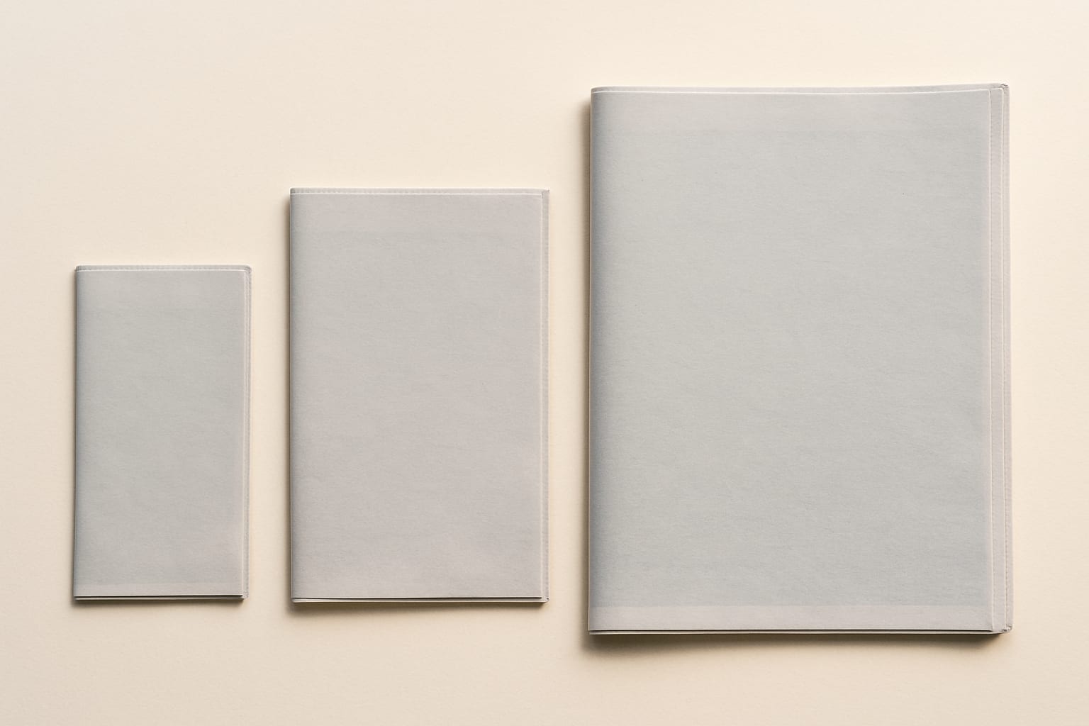 Three blank newspapers of different sizes side by side